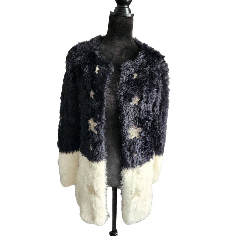 Dor Dor Couture Star Eyelash Chenille Fuzzy Metallic 2 Tone Open Cardigan M
